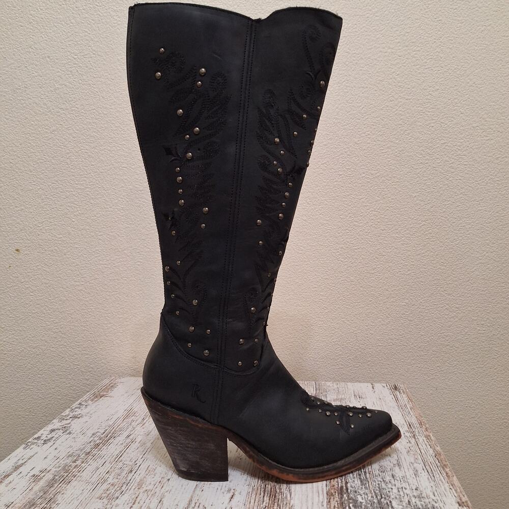 Justin Reba Queen Western Black Leather Studded Square Toe Boot Womens 7